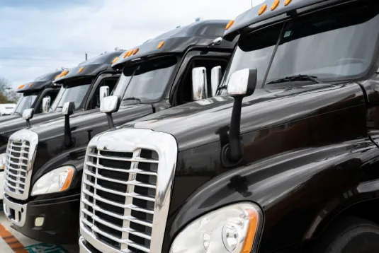 Trucks parked in a line.